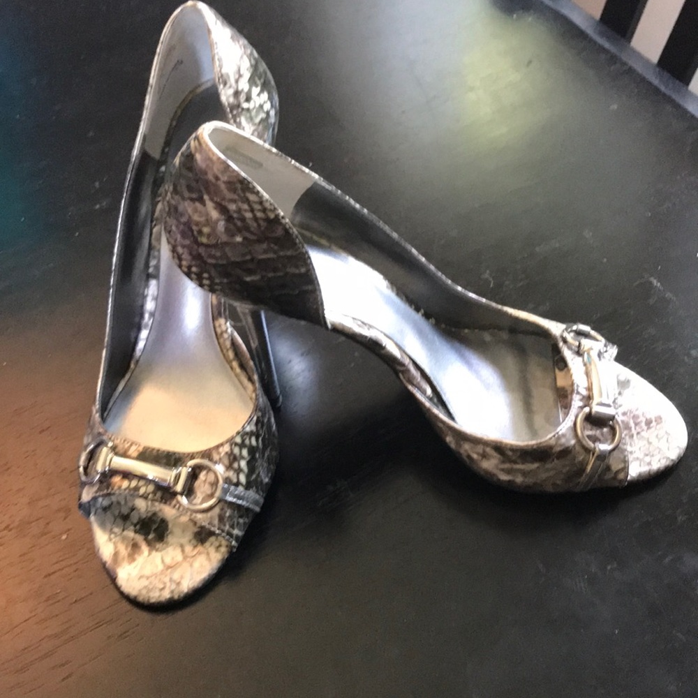 Silver open to faux snake skin heels by Aldo